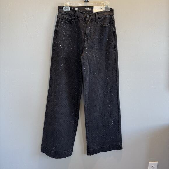 NWT a.n.a. Embellished High Rise Wide Leg Jeans Woman Sz 2 Black Onyx Rhinestone - Picture 3 of 8